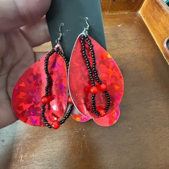 3 sets of faux leather Red Heart and Teardrop Earrings- handmade - Picture 2 of 11